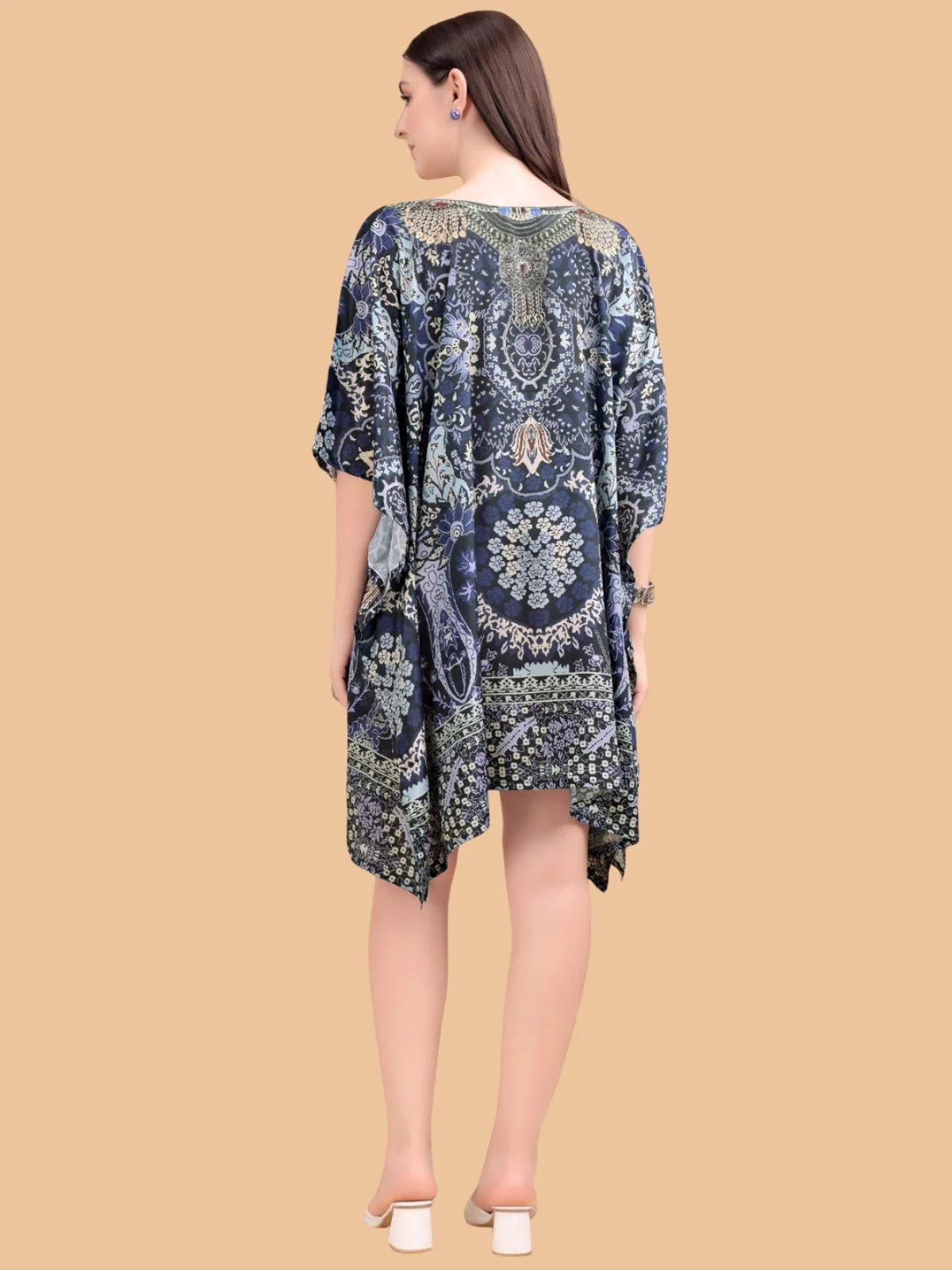 Odette Navy Blue Silk Blend Printed Kaftan For Women - Image 3