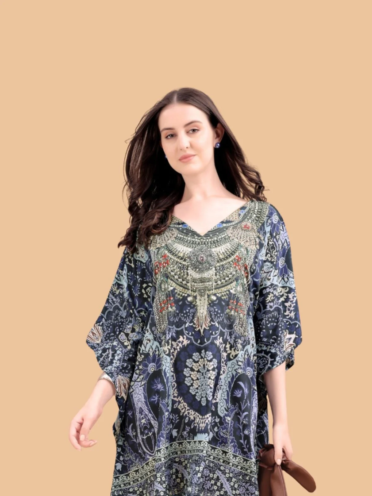 Odette Navy Blue Silk Blend Printed Kaftan For Women - Image 4
