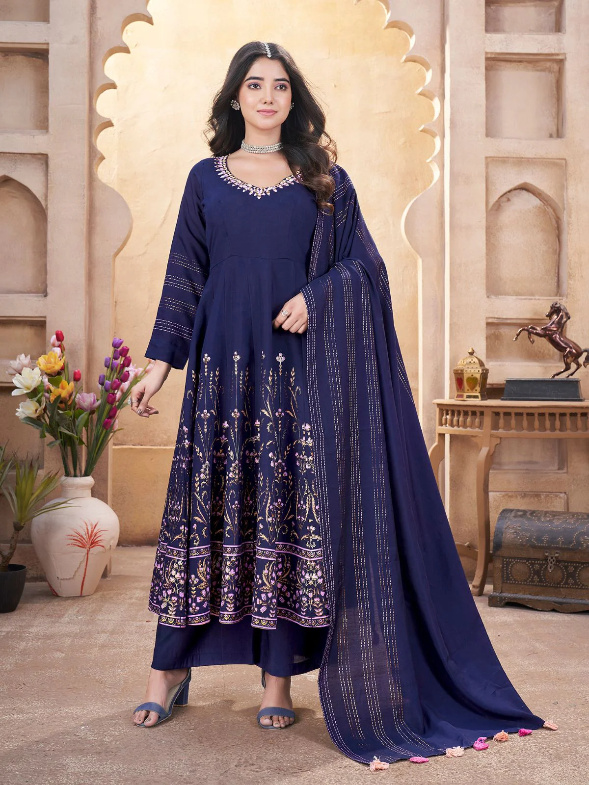 Odette Navy Blue Silk Blend Printed Stitched Kurta Set For Women - Image 2