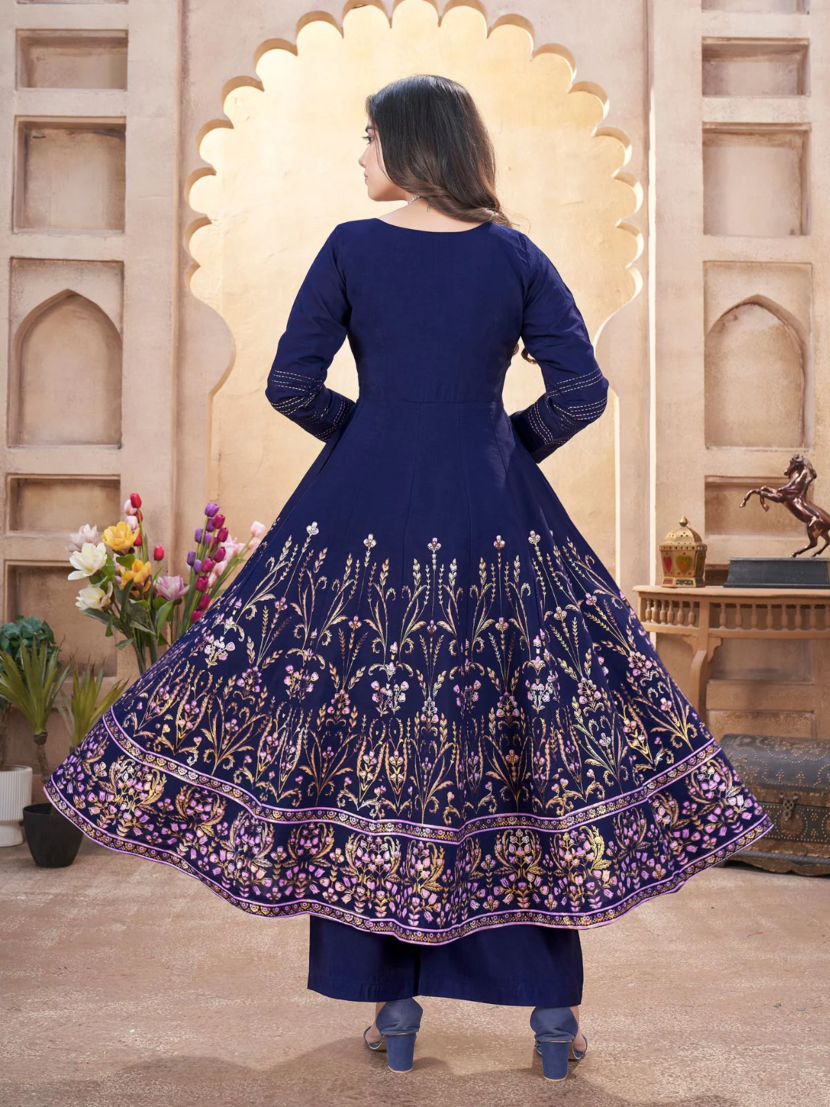 Odette Navy Blue Silk Blend Printed Stitched Kurta Set For Women - Image 3