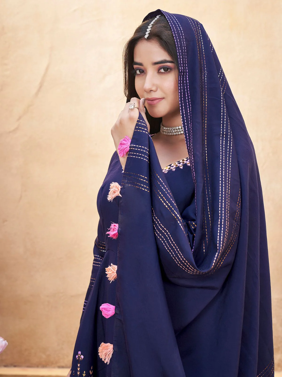 Odette Navy Blue Silk Blend Printed Stitched Kurta Set For Women - Image 4