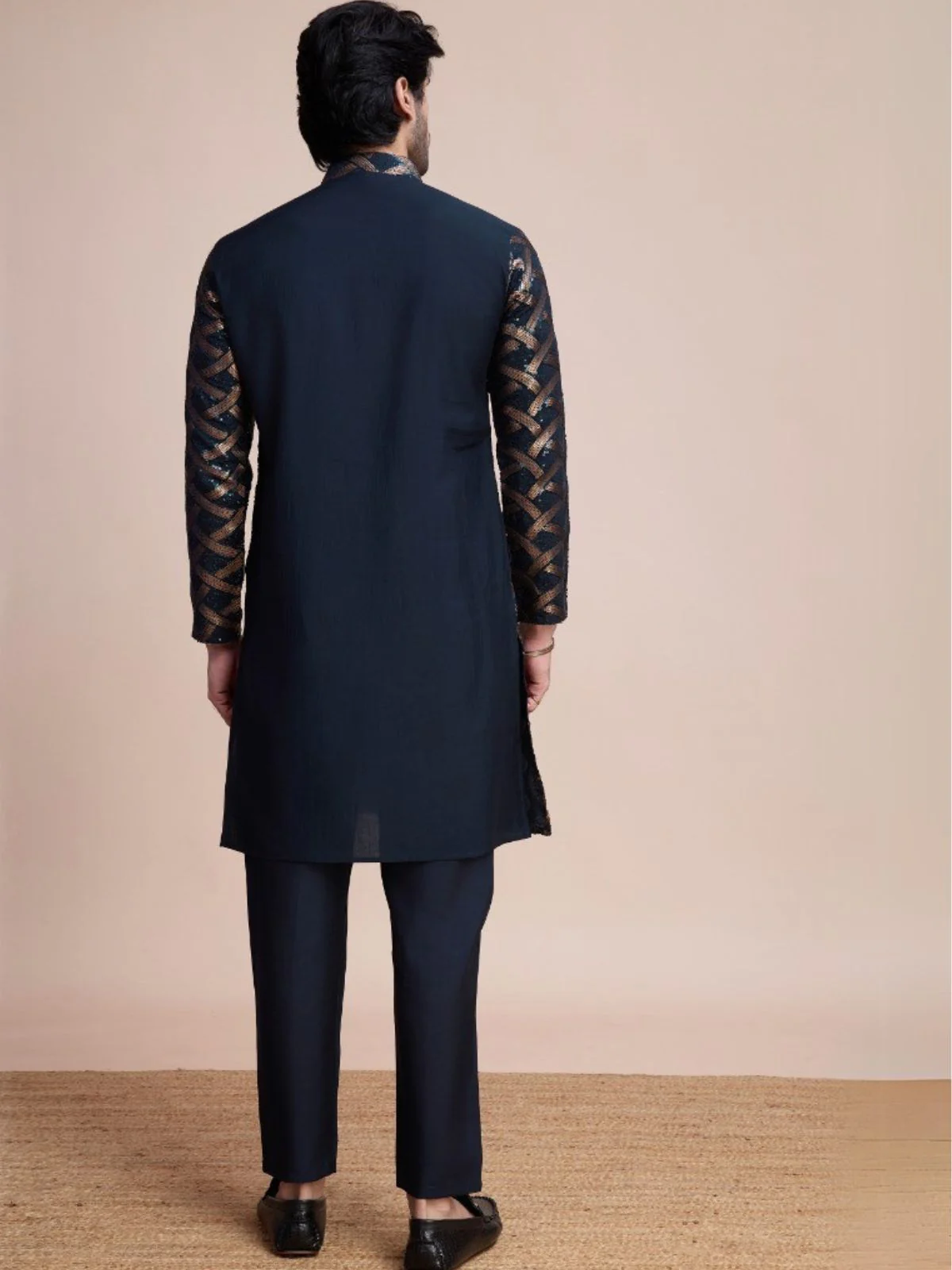 Odette Navy Blue Silk Blend Sequins Stitched  Kurta For Men - Image 3