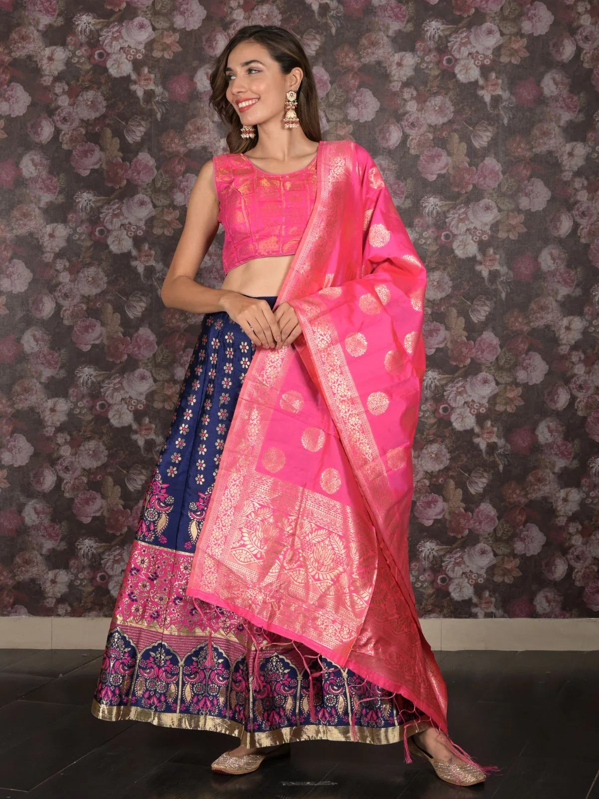 Odette Navy Blue Silk Blend Woven Semi-Stitched Lehenga with Stitched Blouse for Women - Image 2
