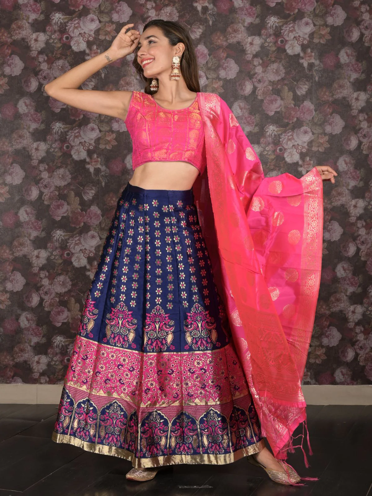 Odette Navy Blue Silk Blend Woven Semi-Stitched Lehenga with Stitched Blouse for Women - Image 3
