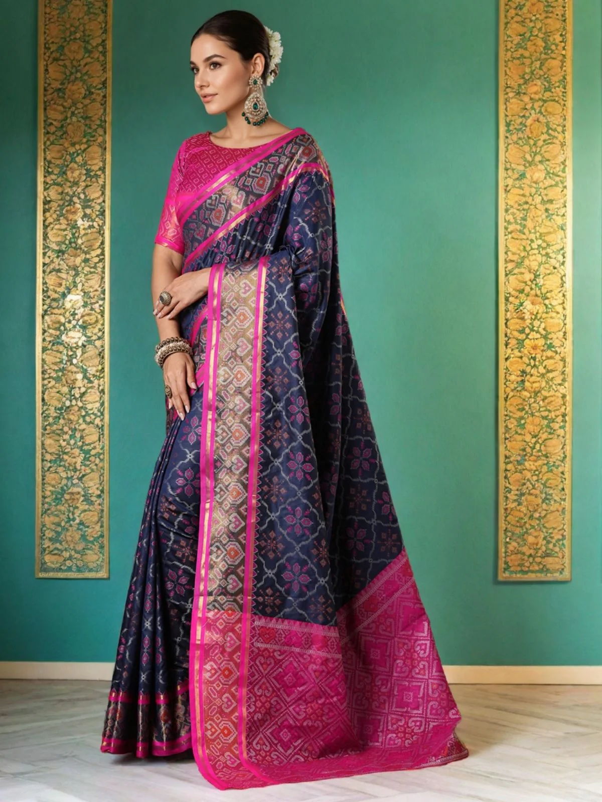 Odette Navy Blue Silk Woven Saree For Women - Image 2