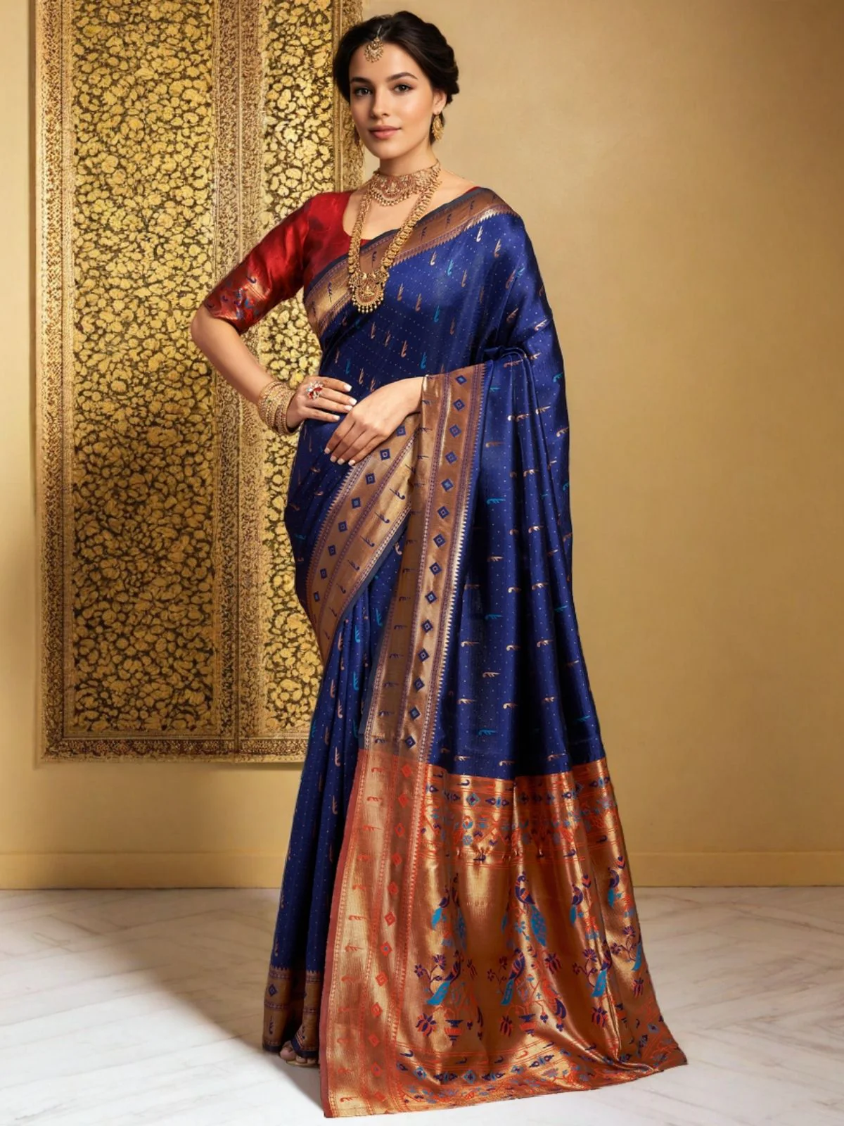 Odette Navy Blue Silk Woven Saree For Women