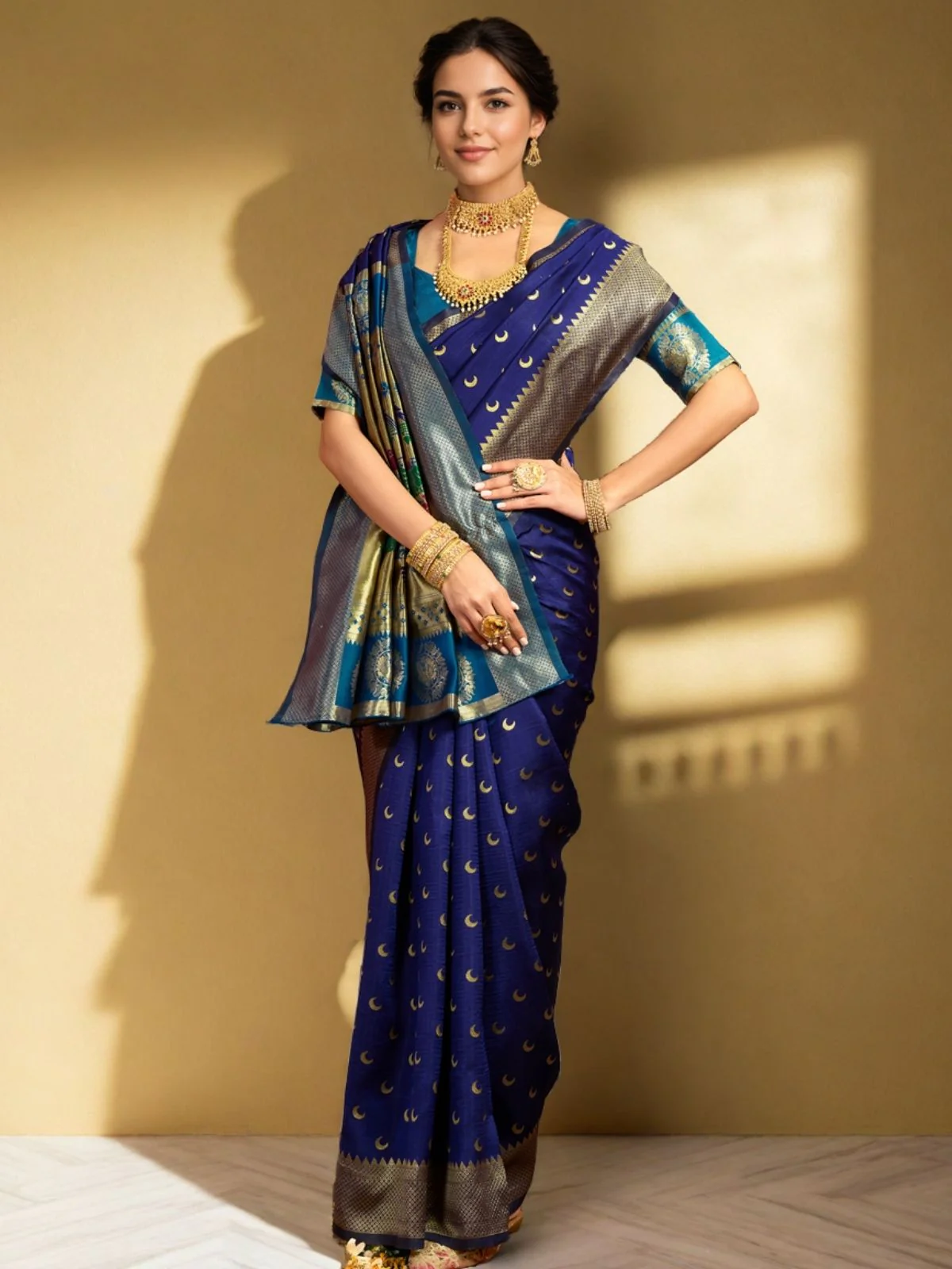 Odette Navy Blue Silk Woven Saree For Women