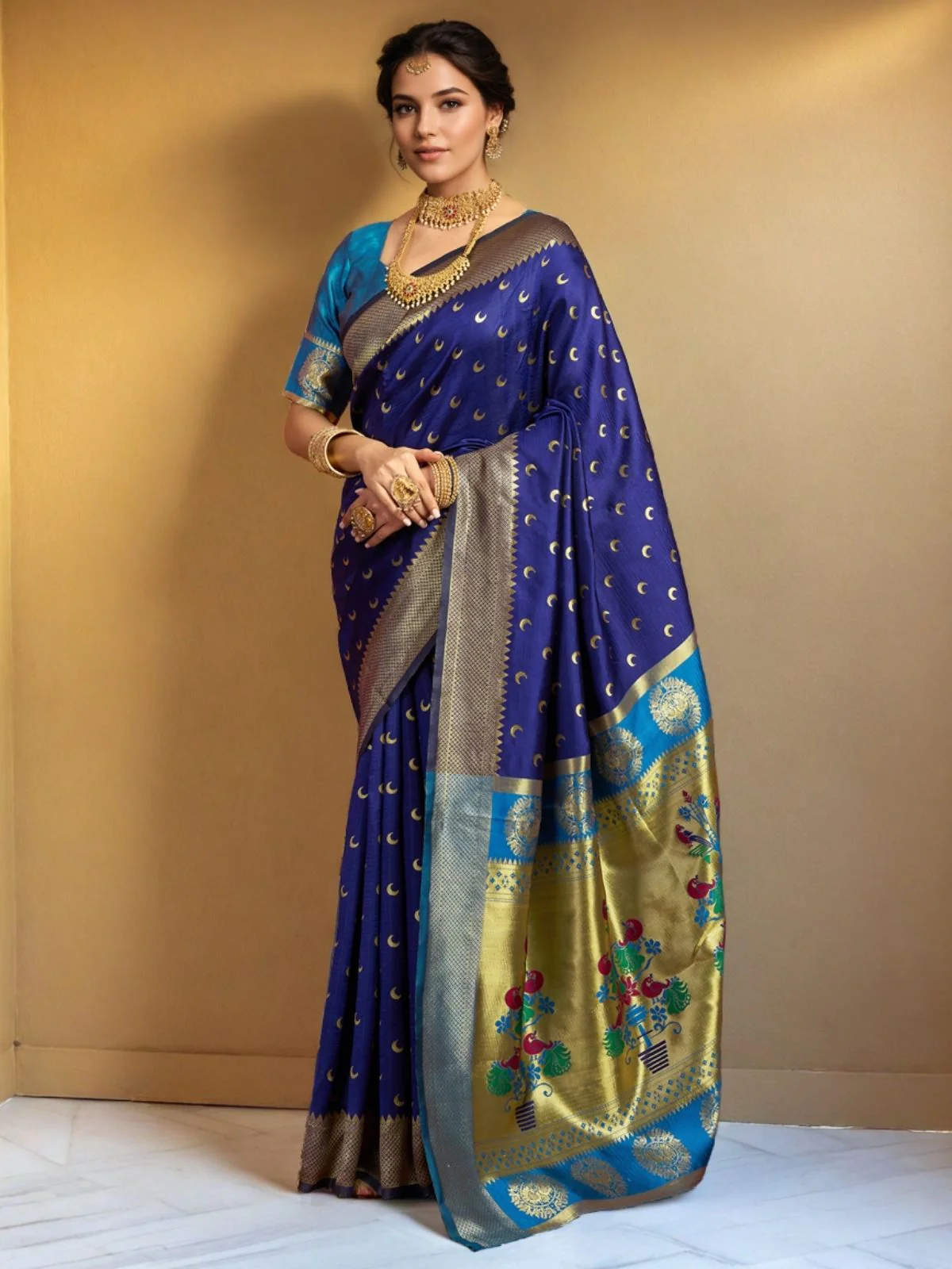 Odette Navy Blue Silk Woven Saree For Women - Image 3