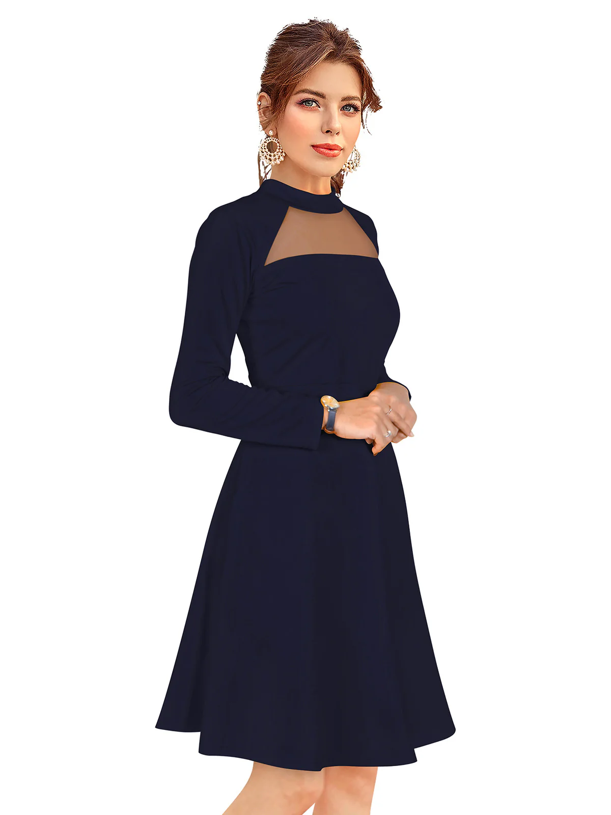 Odette Navy Blue Skater Knit Fabric Dress For Women - Image 2