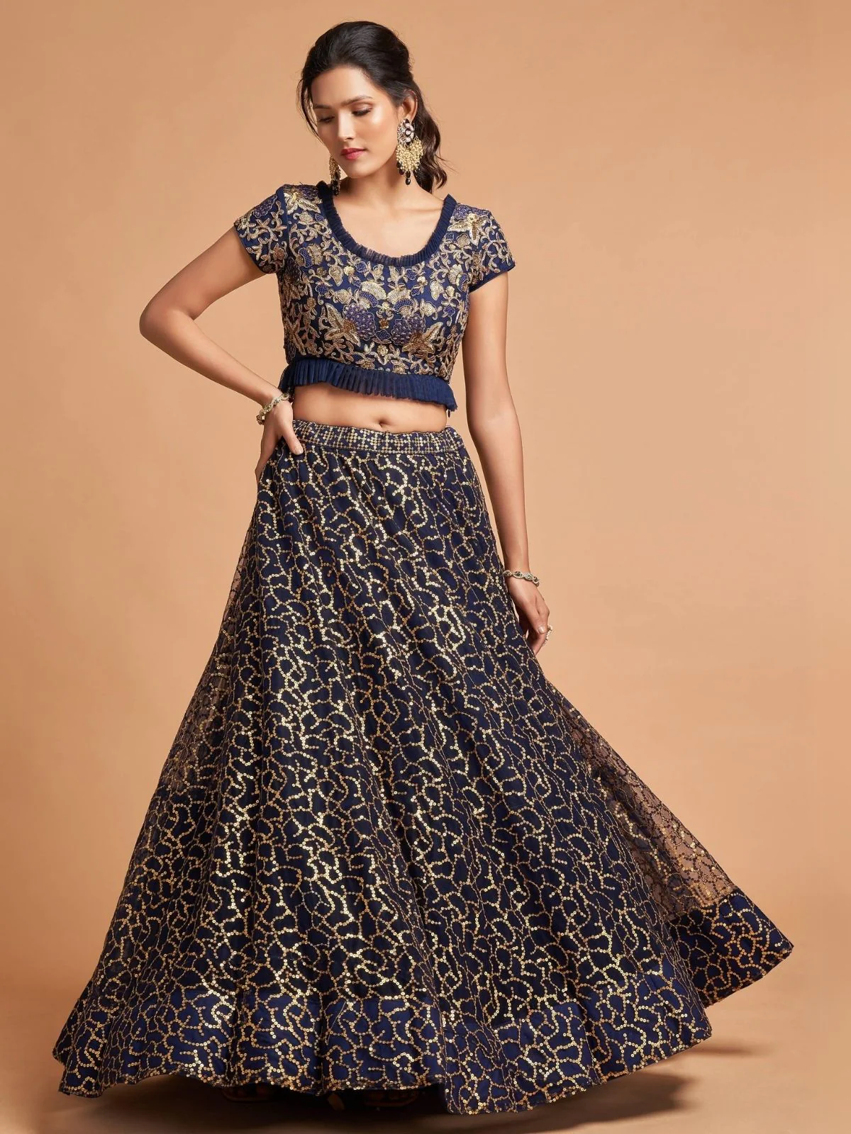 Odette Navy Blue Soft Net Embroidered Semi Stitched Lehenga With Blouse For Women - Image 3