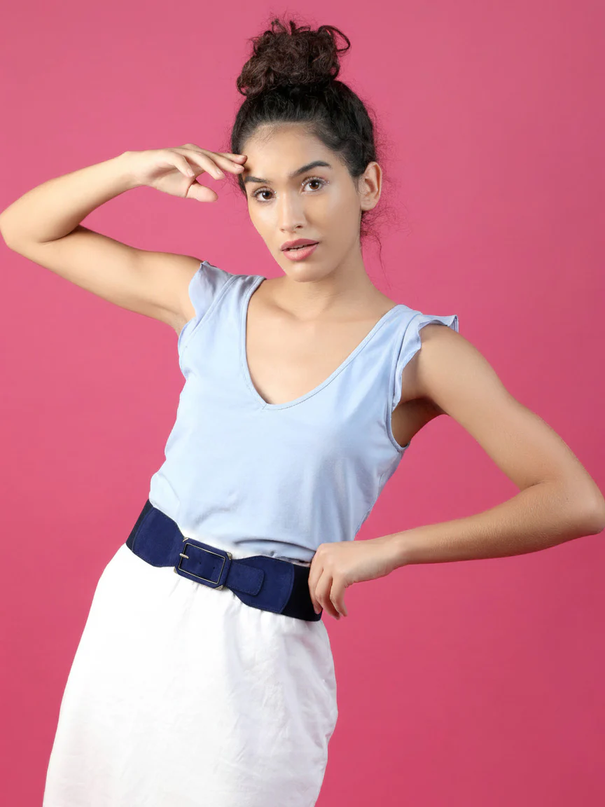 Odette Navy Blue Suede Metallic Design Belt For Women