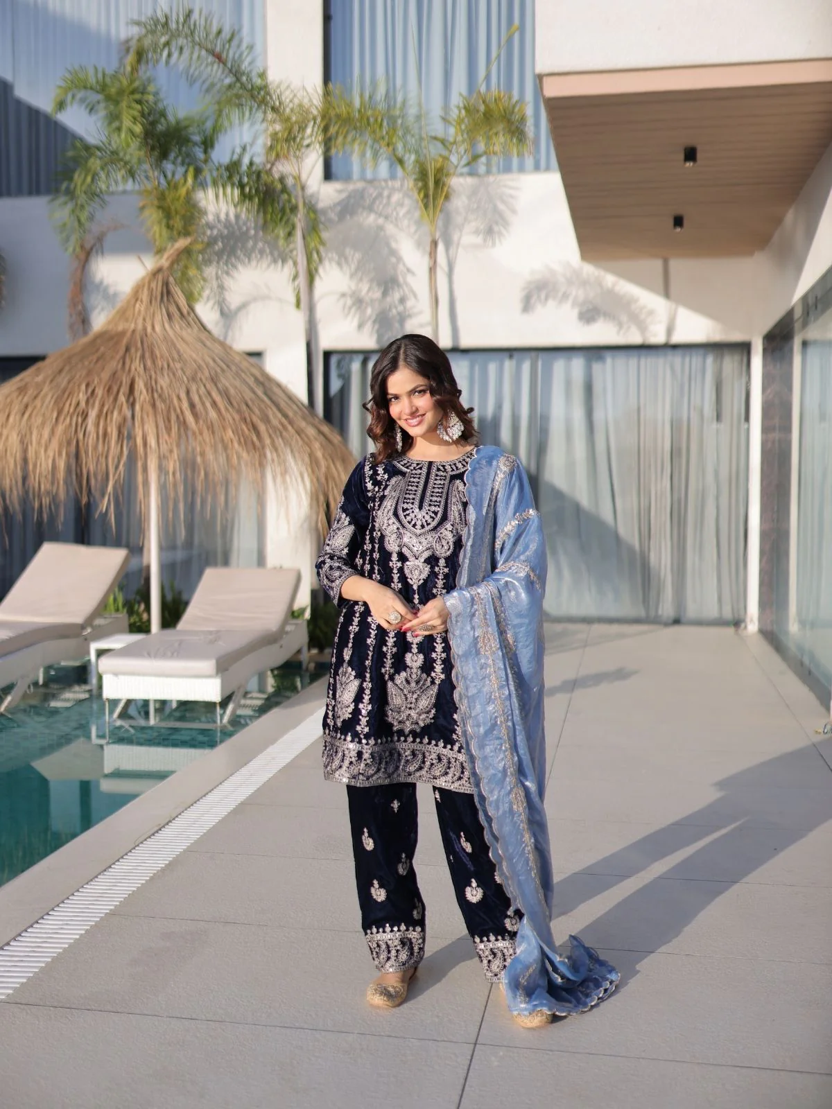 Odette Navy Blue Velvet Embellished Kurta Set For Women