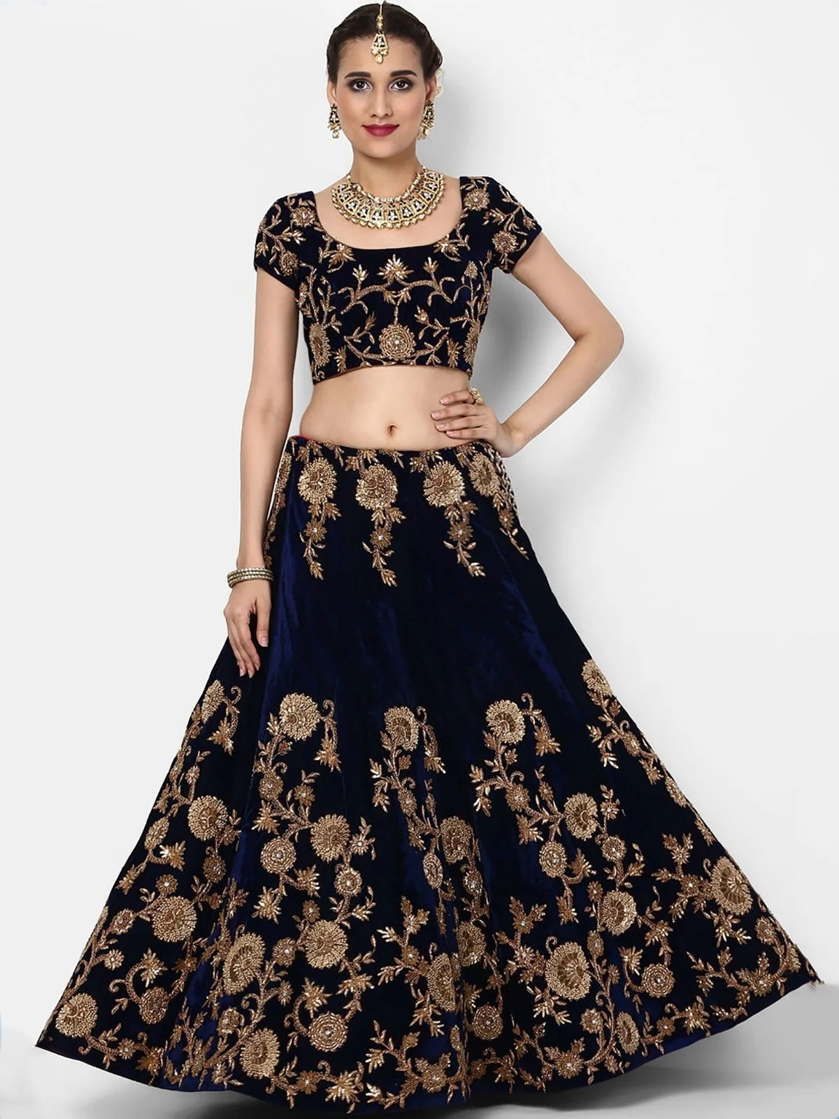 Odette Navy Blue Velvet Embroidered Semi-Stitched lehenga For Women - Image 2