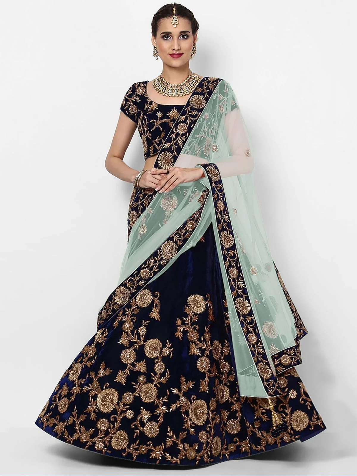 Odette Navy Blue Velvet Embroidered Semi-Stitched lehenga For Women - Image 4
