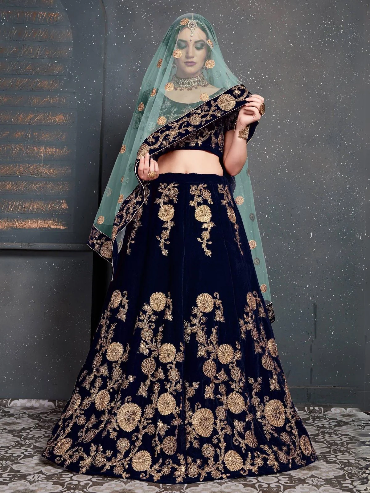 Odette Navy Blue Velvet Embroidered Semi Stitched Lehenga With Blouse For Women - Image 2