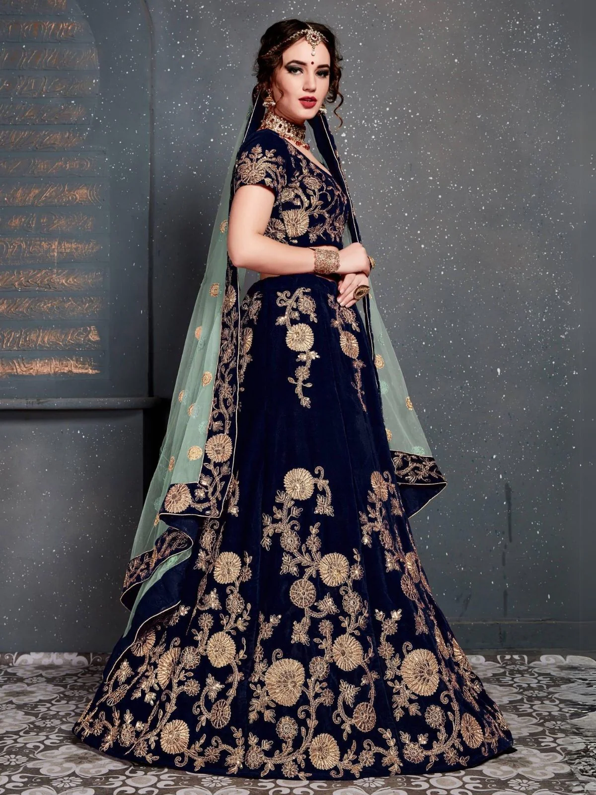 Odette Navy Blue Velvet Embroidered Semi Stitched Lehenga With Blouse For Women - Image 3