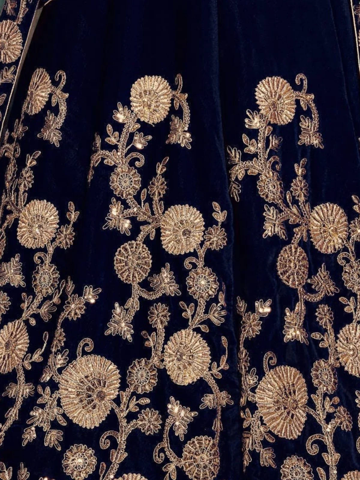 Odette Navy Blue Velvet Embroidered Semi Stitched Lehenga With Blouse For Women - Image 6