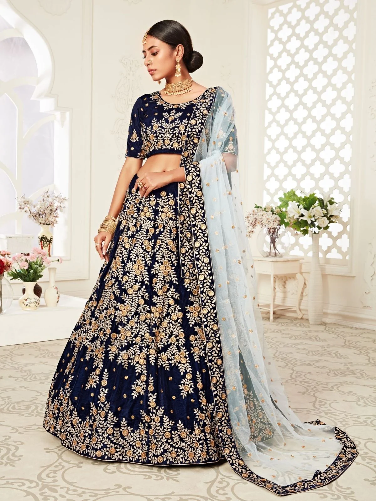 Odette Navy Blue Velvet Embroidered Semi Stitched Lehenga With Unstitched Blouse For Women - Image 2