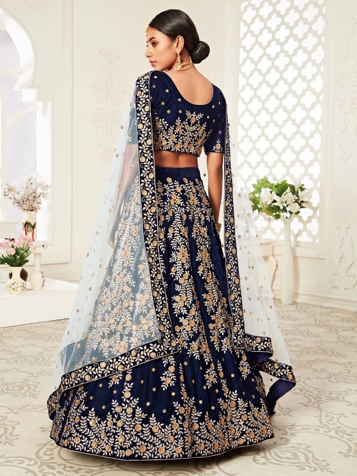 Odette Navy Blue Velvet Embroidered Semi Stitched Lehenga With Unstitched Blouse For Women - Image 4