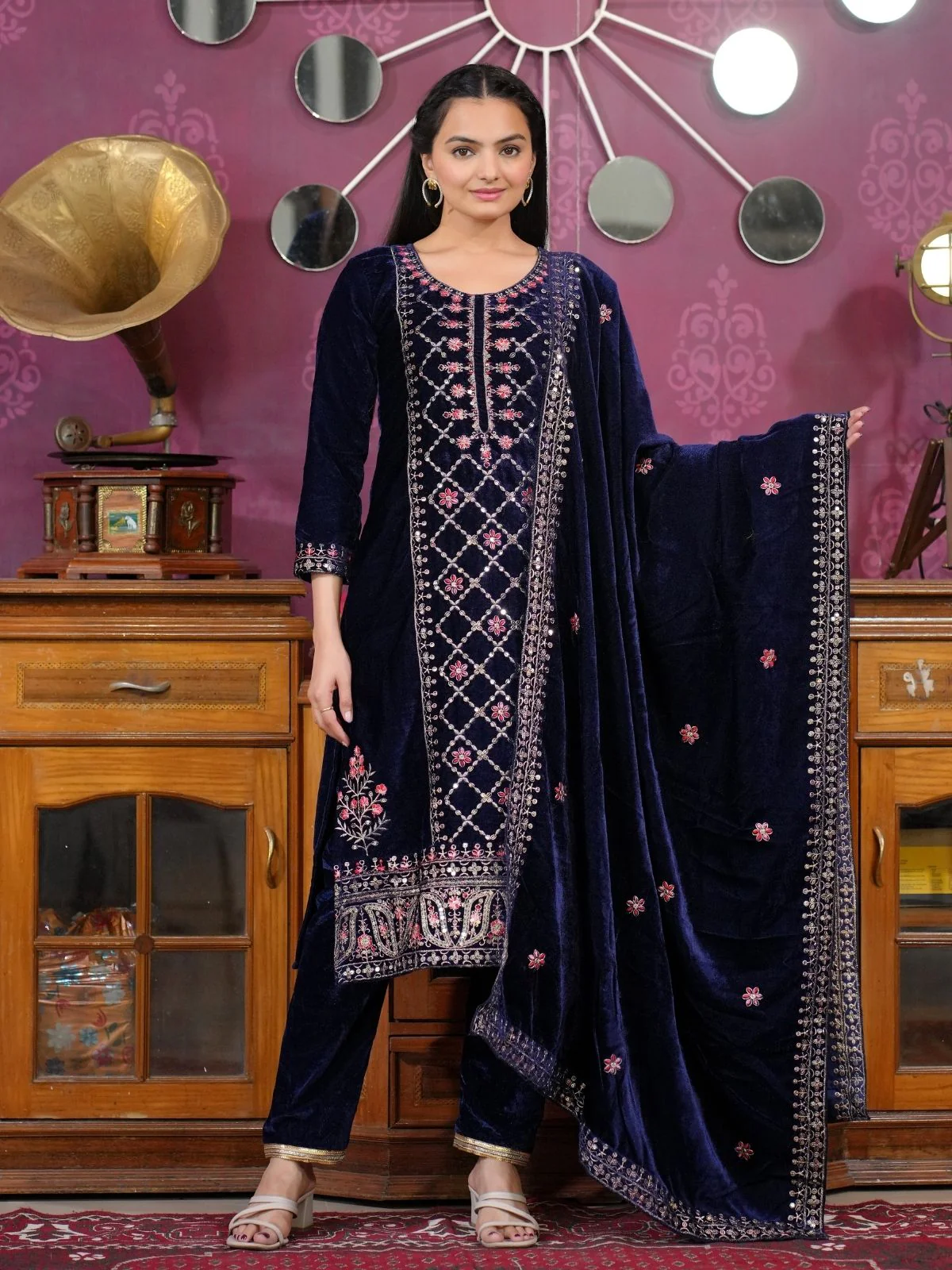 Odette Navy Blue Velvet Embroidered Stitched Kurta Set For Women
