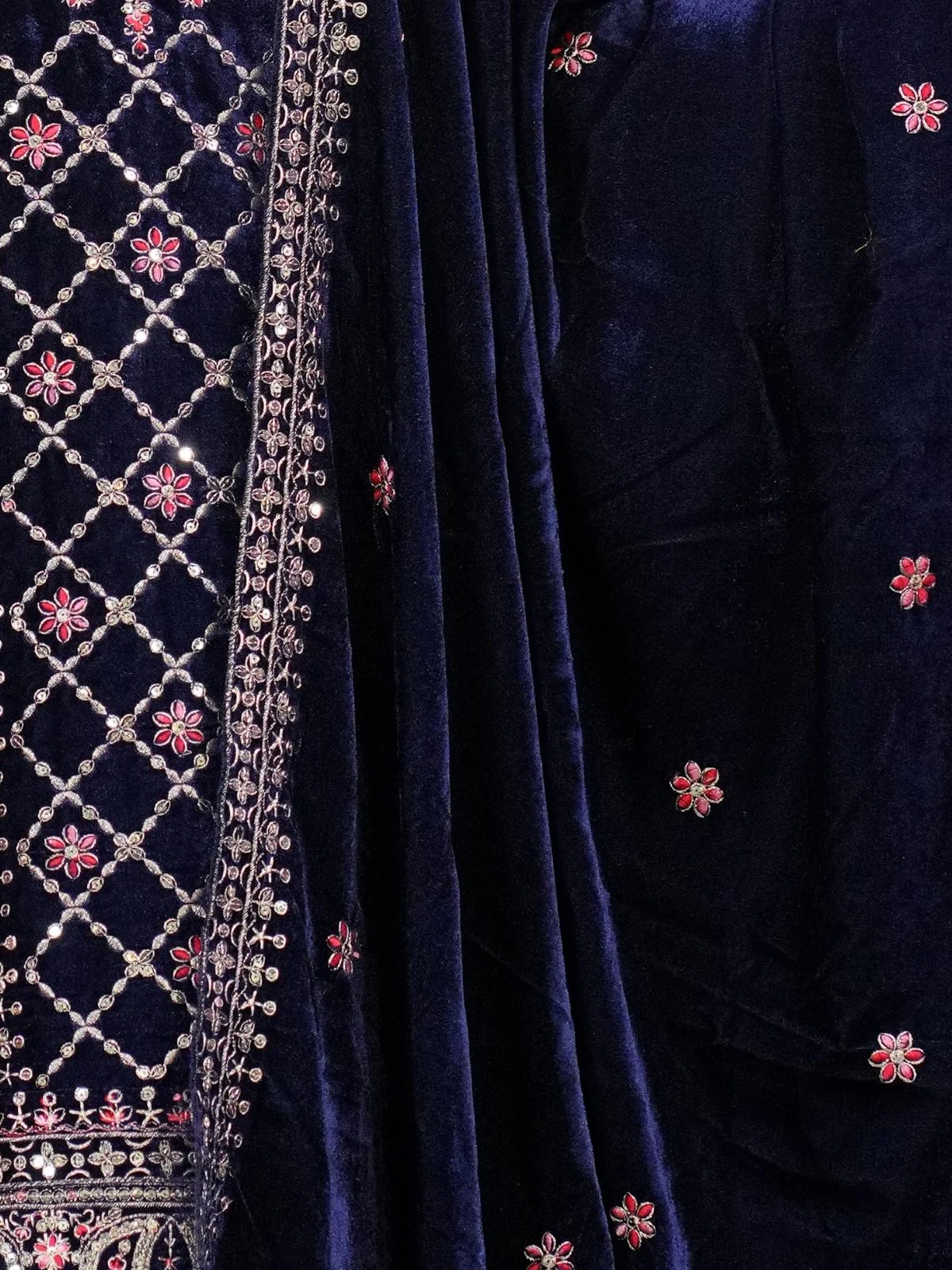 Odette Navy Blue Velvet Embroidered Stitched Kurta Set For Women - Image 5