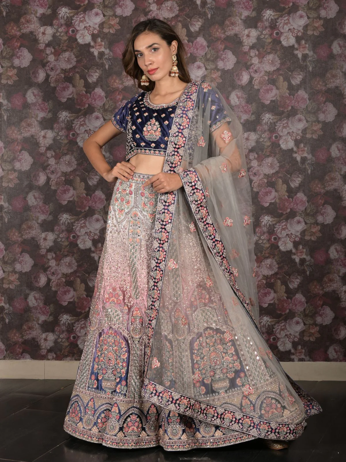 Odette Navy Blue Velvet Heavy Embroidered Semi Stitched Bridal Lehenga Set With Dupatta And Stitched Blouse For Women - Image 2