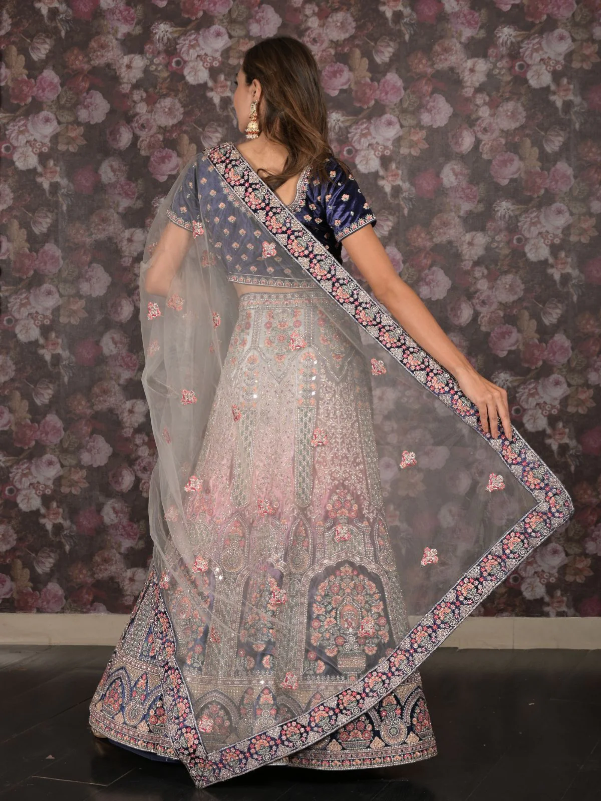 Odette Navy Blue Velvet Heavy Embroidered Semi Stitched Bridal Lehenga Set With Dupatta And Stitched Blouse For Women - Image 4
