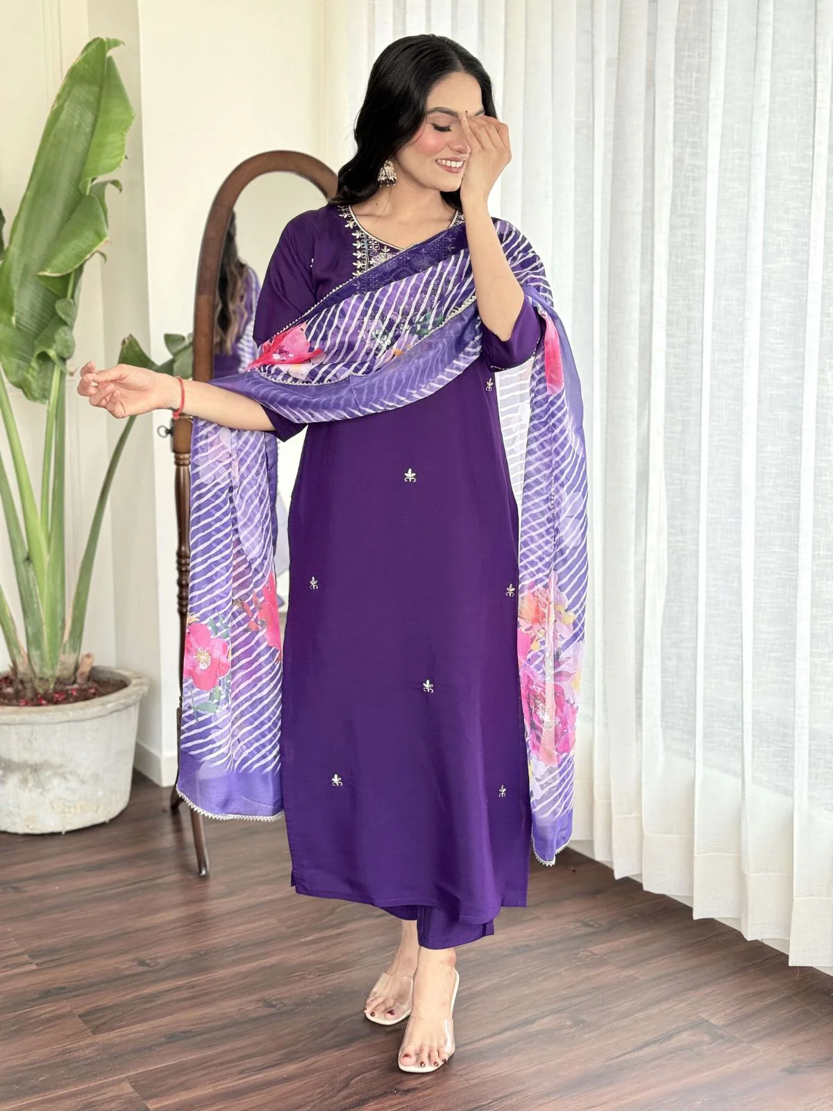 Odette Navy Blue Viscose Embroidered Stitched Kurta Set For Women - Image 2