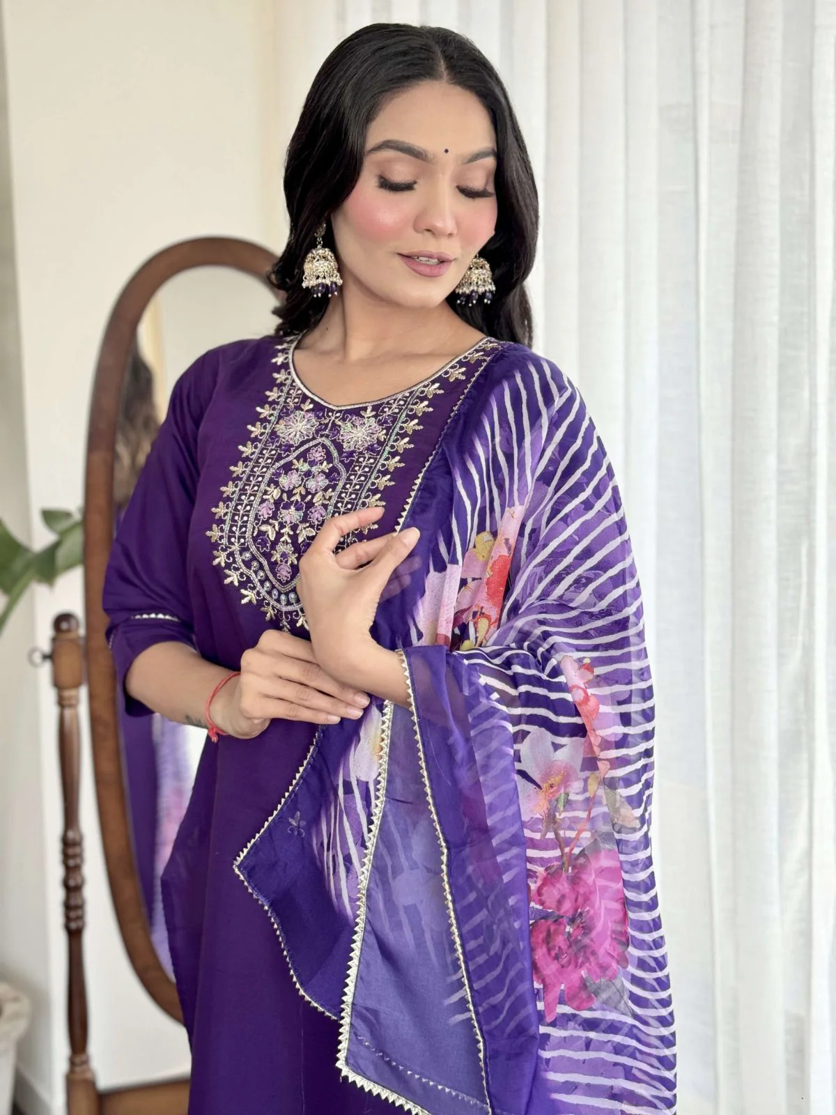 Odette Navy Blue Viscose Embroidered Stitched Kurta Set For Women - Image 4