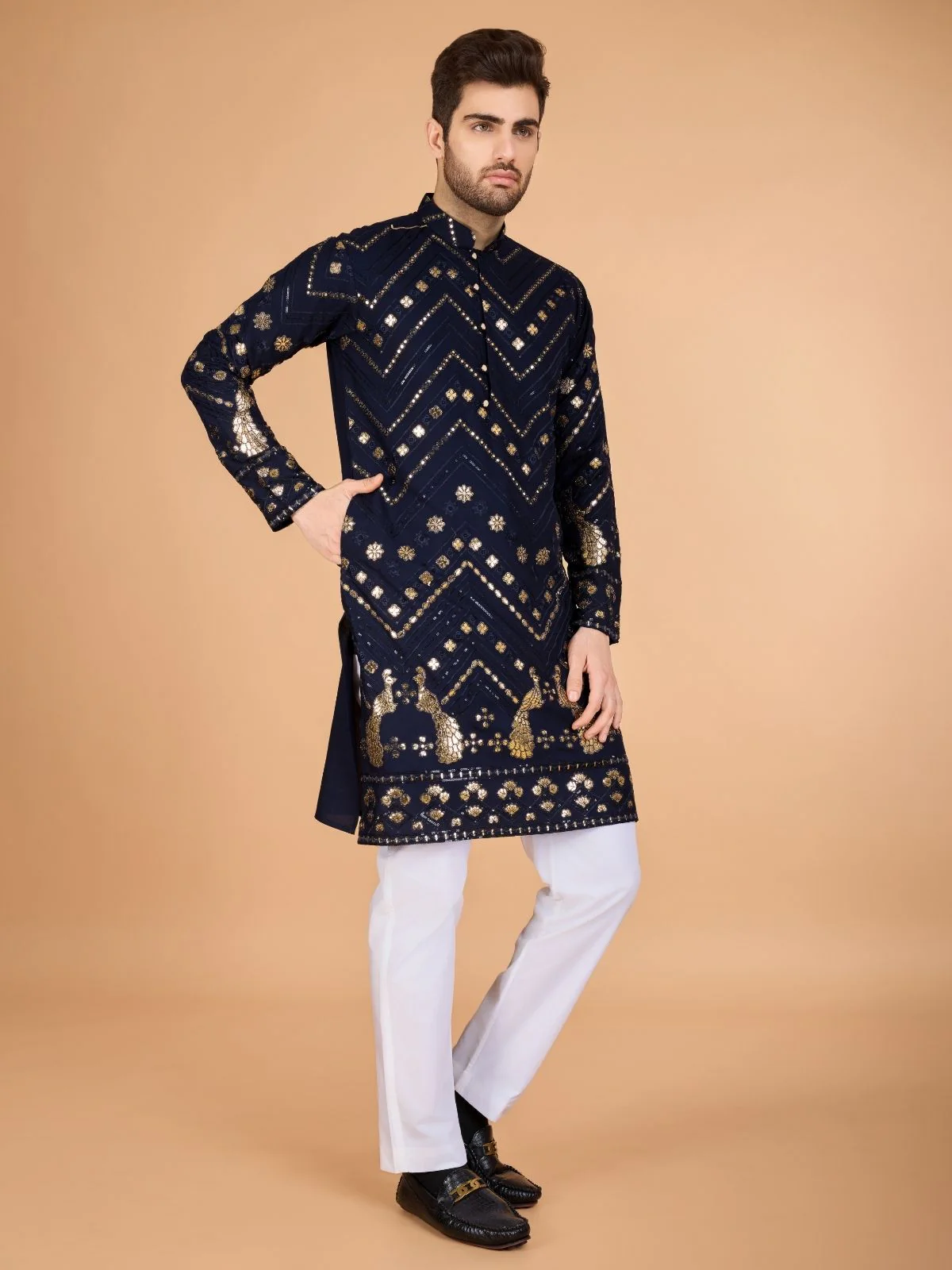 Odette Navy Blue Viscose Rayon Embroidered Stitched Kurta For Men - Image 4