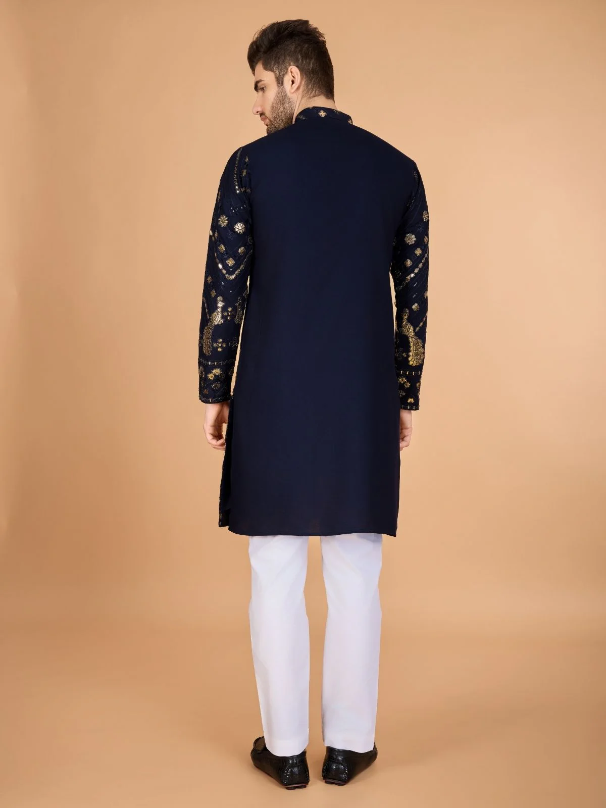 Odette Navy Blue Viscose Rayon Embroidered Stitched Kurta For Men - Image 5