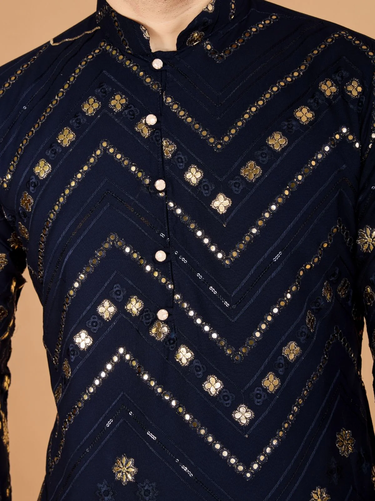 Odette Navy Blue Viscose Rayon Embroidered Stitched Kurta For Men - Image 6