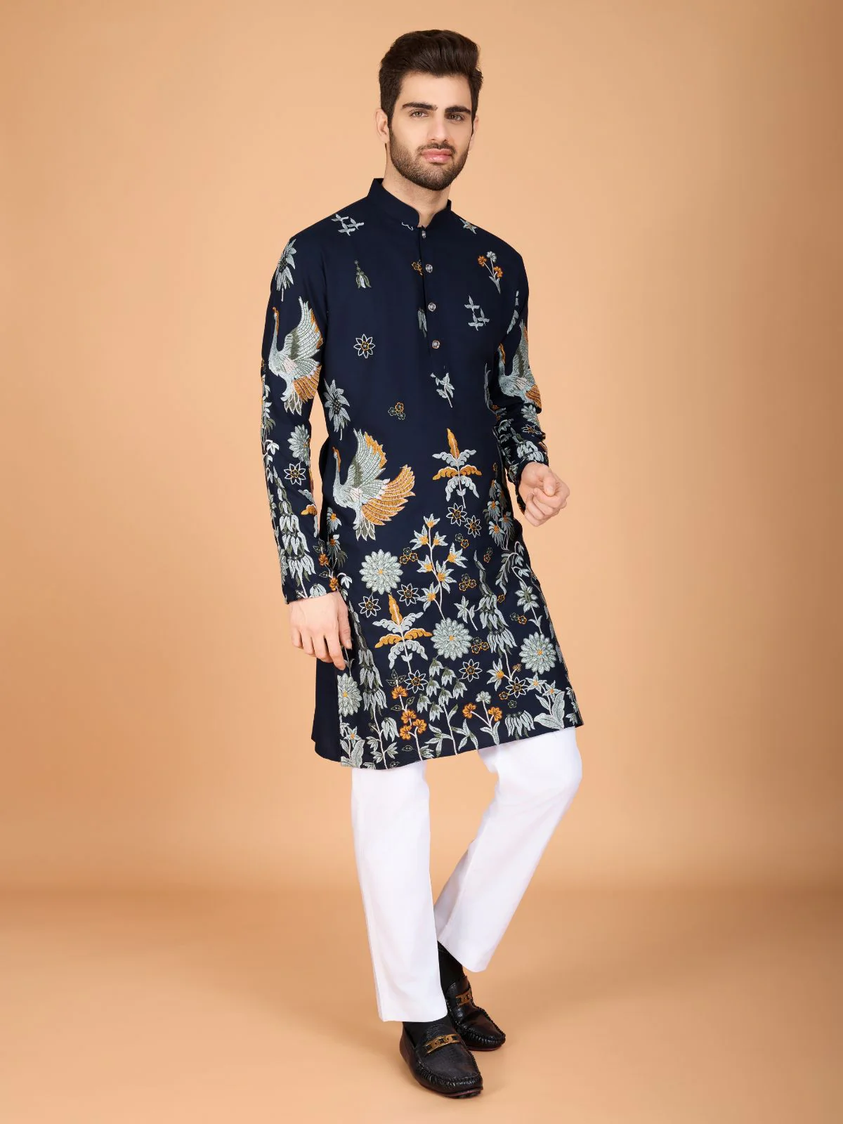 Odette Navy Blue Viscose Rayon Stitched Kurta For Men - Image 3