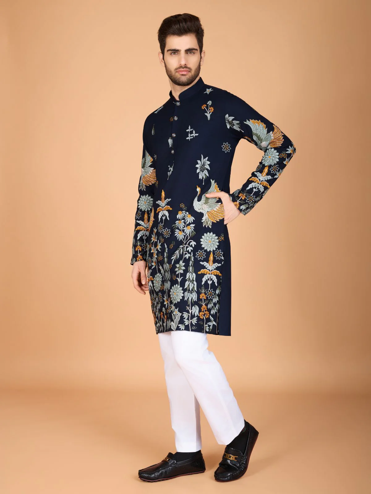 Odette Navy Blue Viscose Rayon Stitched Kurta For Men - Image 4
