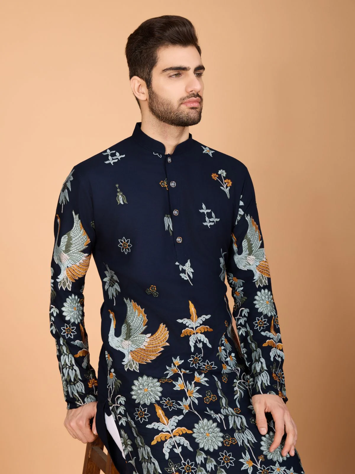 Odette Navy Blue Viscose Rayon Stitched Kurta For Men - Image 6