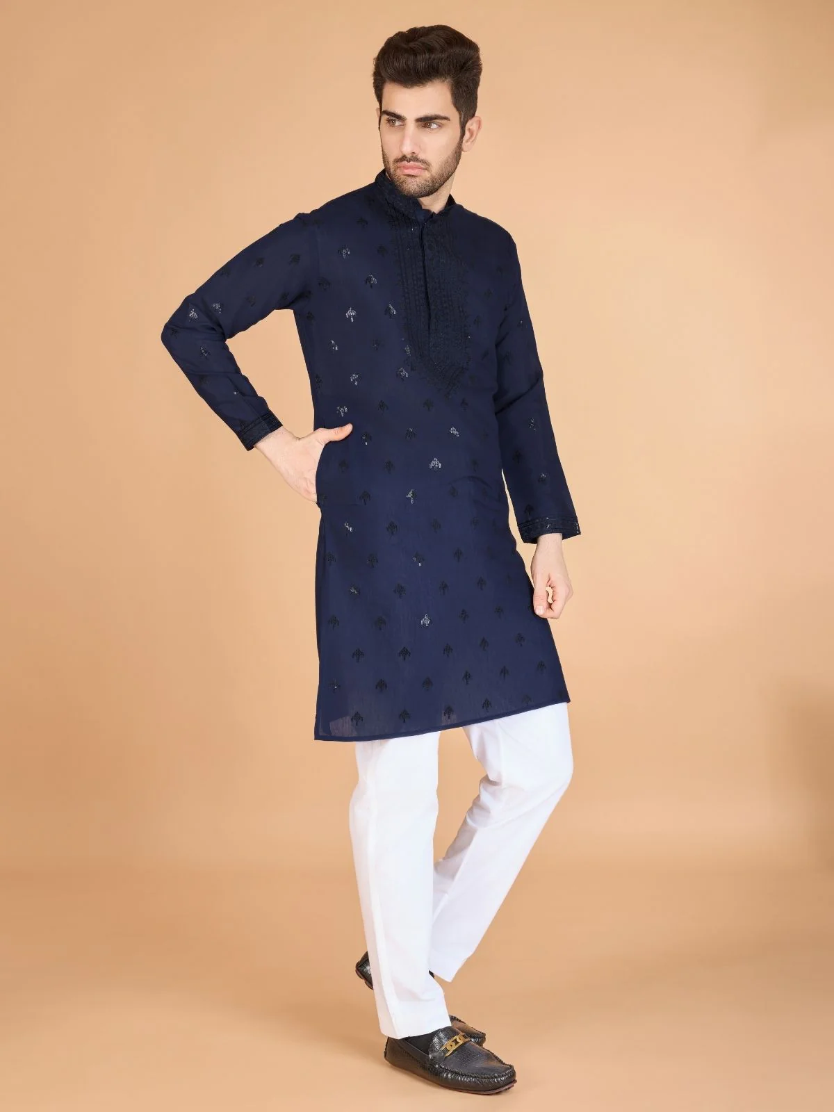 Odette Navy Blue Viscose Silk Sequence Stitched Kurta For Men - Image 2