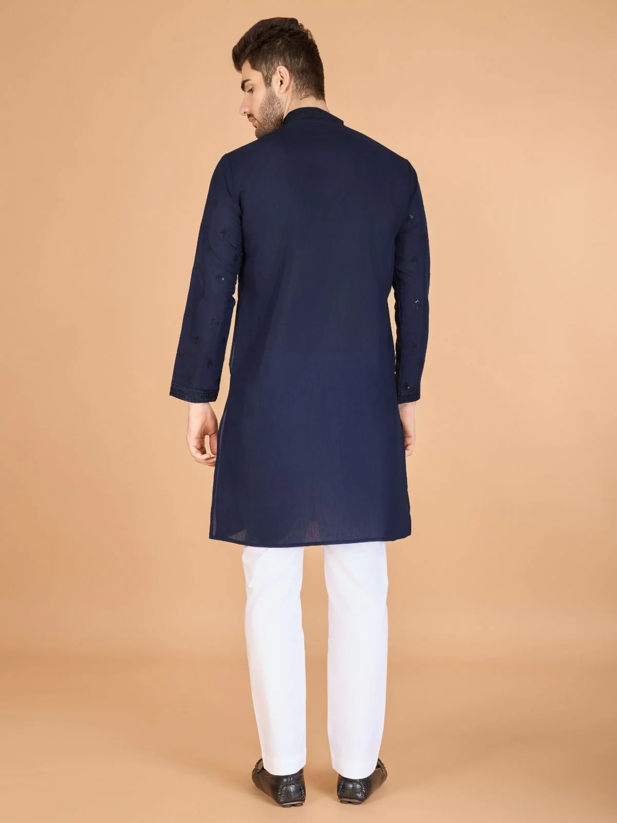 Odette Navy Blue Viscose Silk Sequence Stitched Kurta For Men - Image 3