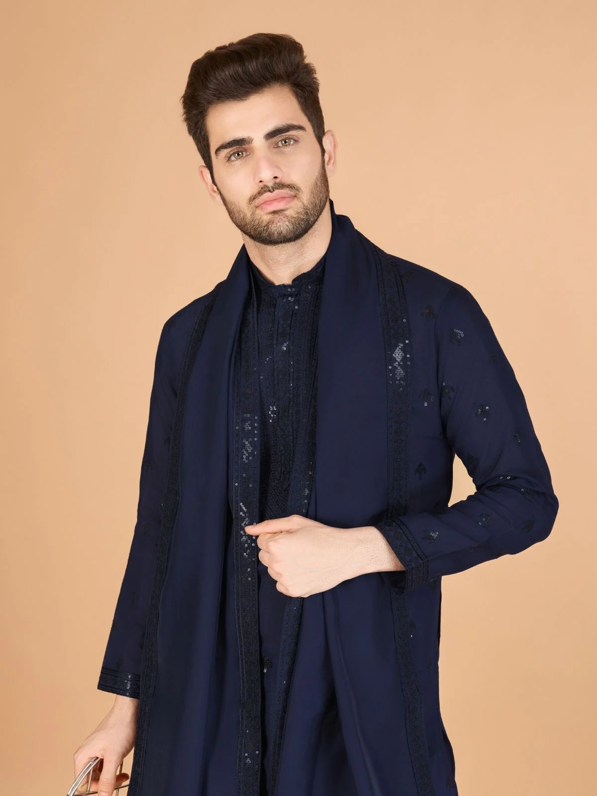 Odette Navy Blue Viscose Silk Sequence Stitched Kurta For Men - Image 4