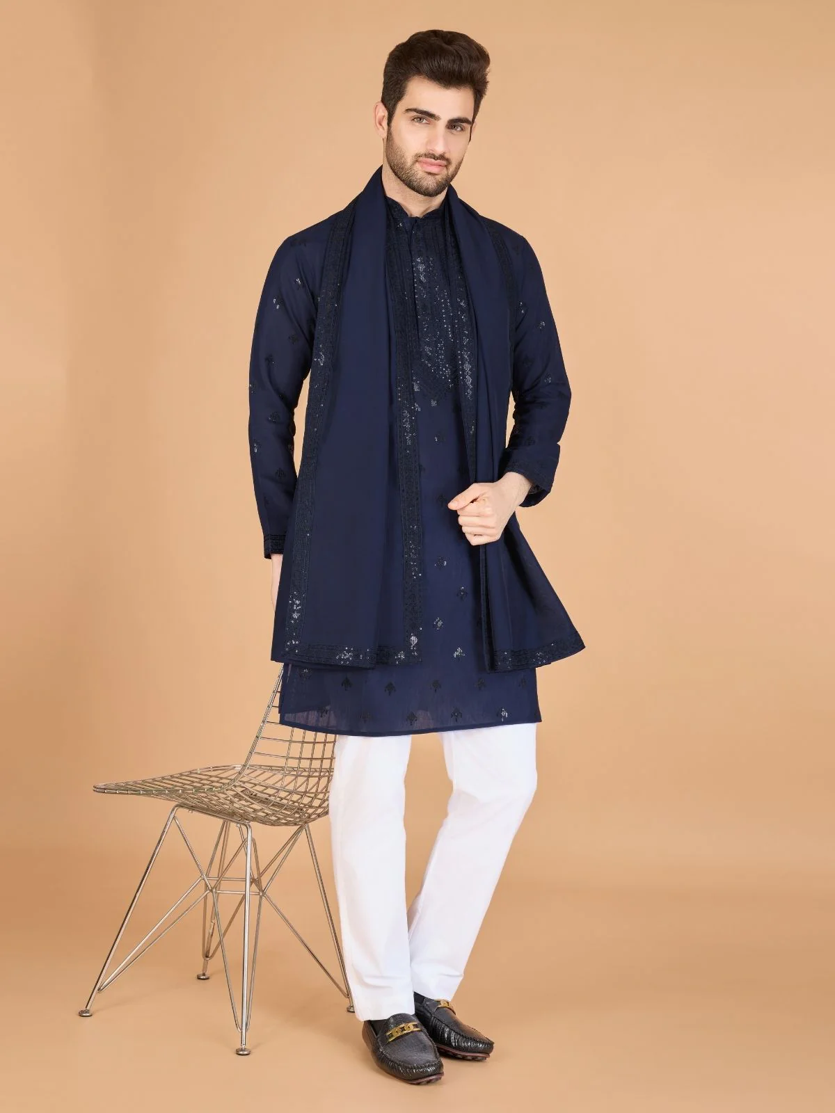 Odette Navy Blue Viscose Silk Sequence Stitched Kurta For Men - Image 7