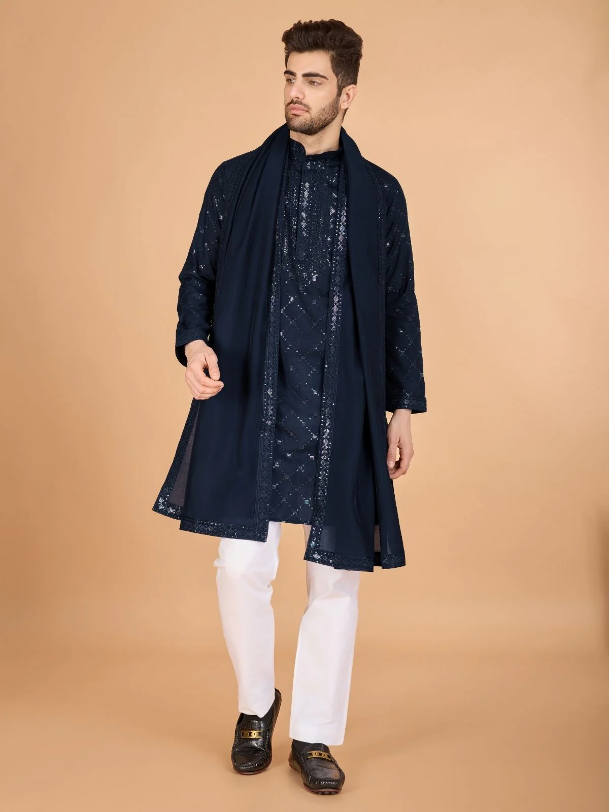 Odette Navy Blue Viscose Silk Sequins Stitched Kurta For Men - Image 2