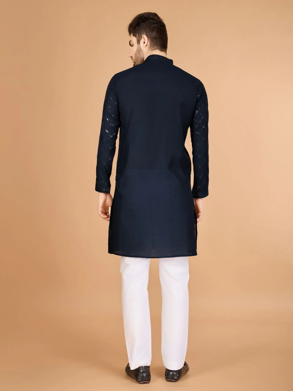 Odette Navy Blue Viscose Silk Sequins Stitched Kurta For Men - Image 4