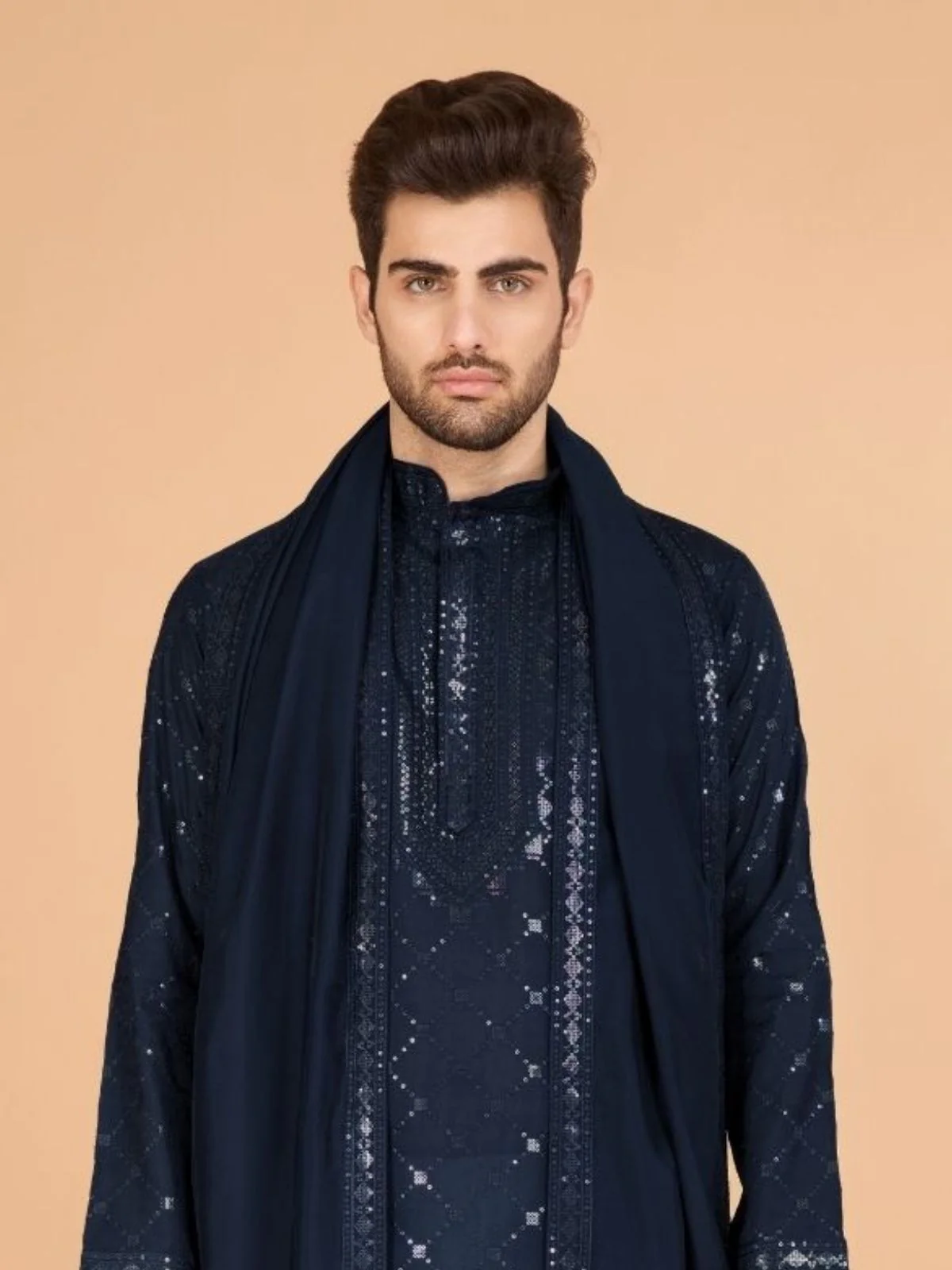 Odette Navy Blue Viscose Silk Sequins Stitched Kurta For Men - Image 5