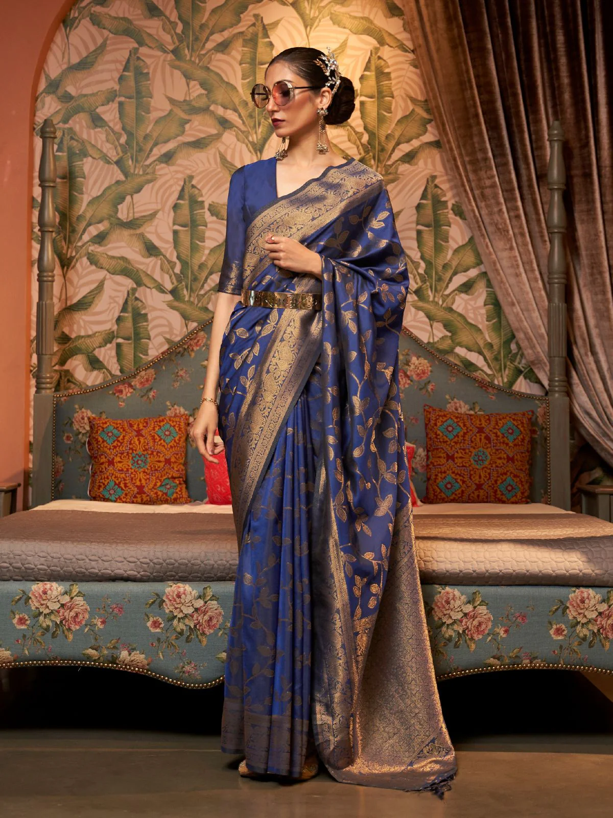 Odette Navy Blue Woven Design Silk Blend Saree With Unstitched Blouse For Women