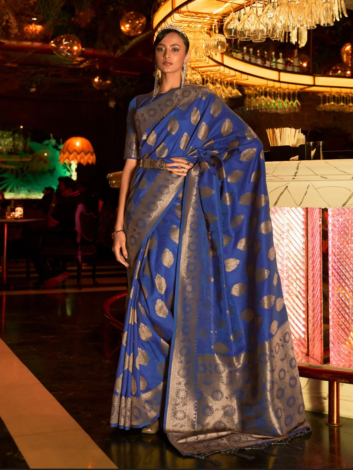 Odette Navy Blue Woven Design Silk Blend Saree With Unstitched Blouse For Women