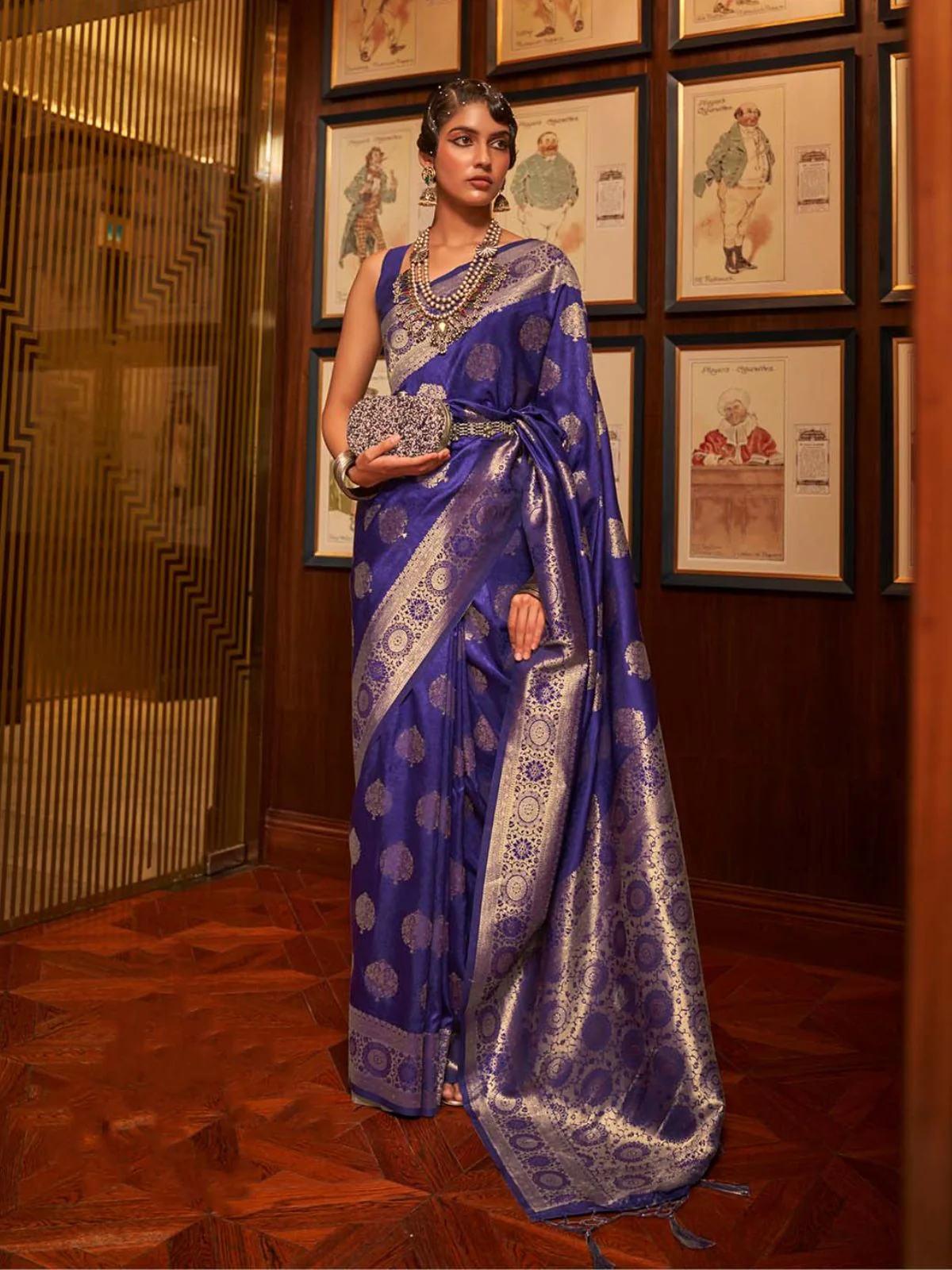 Odette Navy Blue Woven Design Silk Blend Saree With Unstitched Blouse For Women