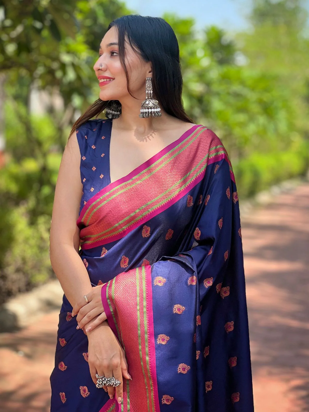 Odette Navy Blue Woven Design Silk Blend Saree With Unstitched Blouse For Women - Image 3