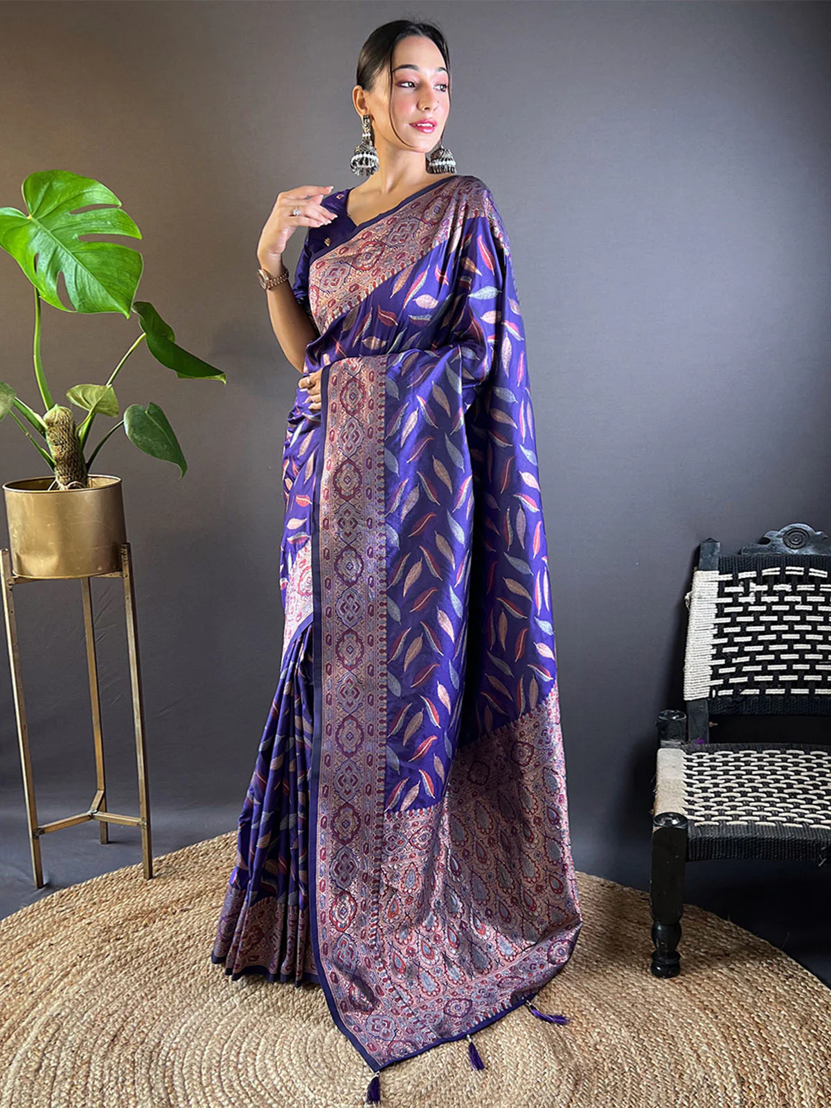 Odette Navy Blue Woven Design Soft Silk Saree With Unstitched Blouse For Women