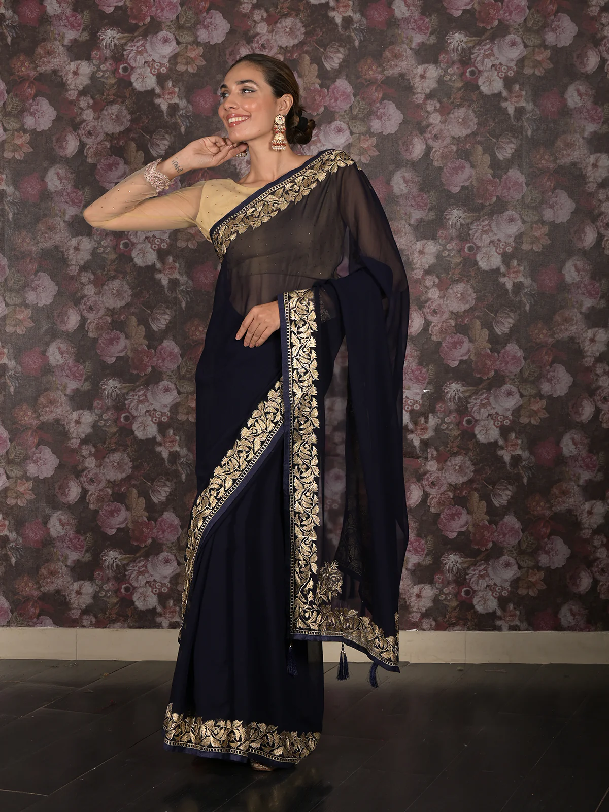 Odette Navy Blue Zari Embroidered Georgette Saree with Stitched Blouse for Women - Image 3