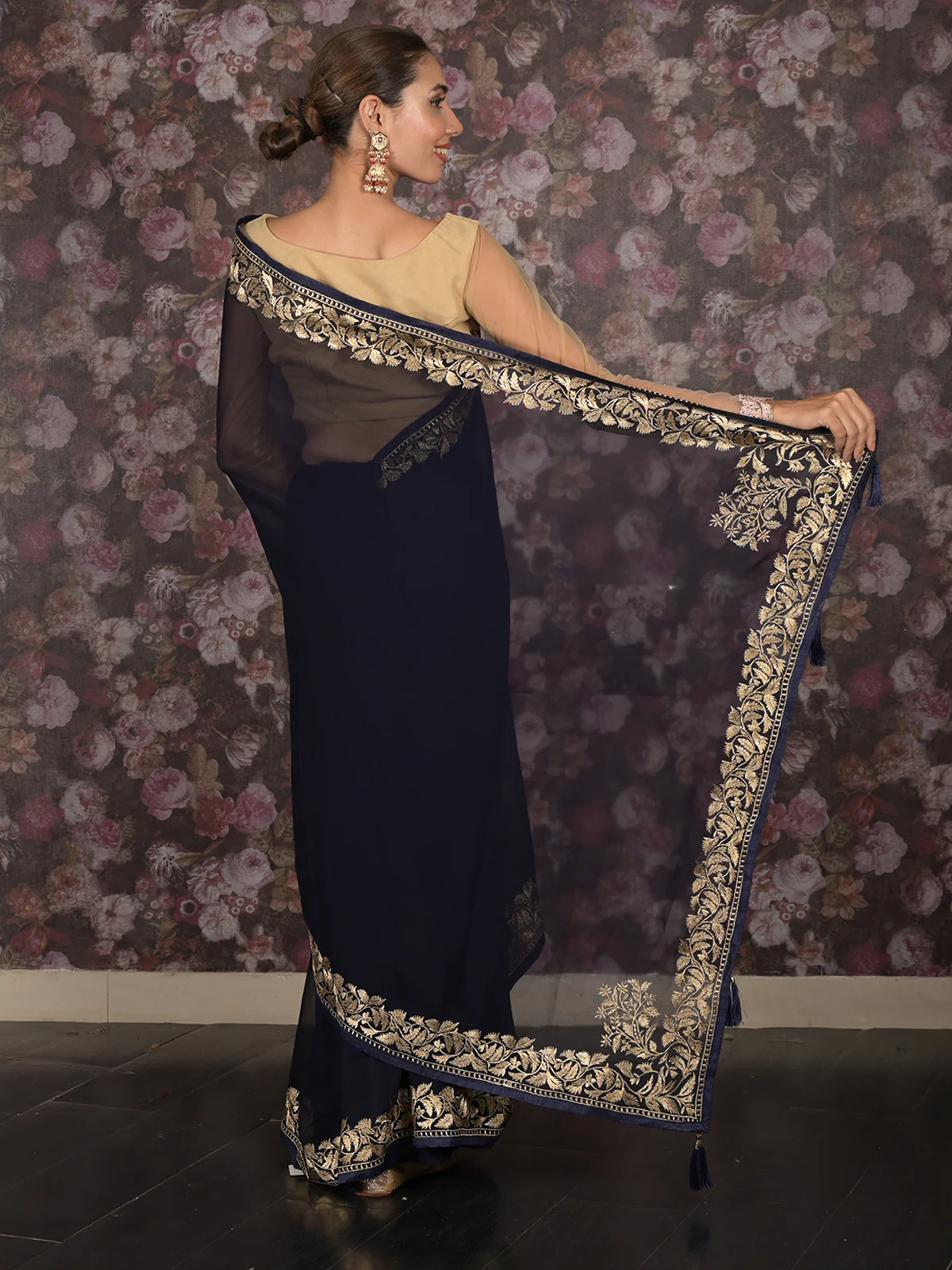 Odette Navy Blue Zari Embroidered Georgette Saree with Stitched Blouse for Women - Image 4