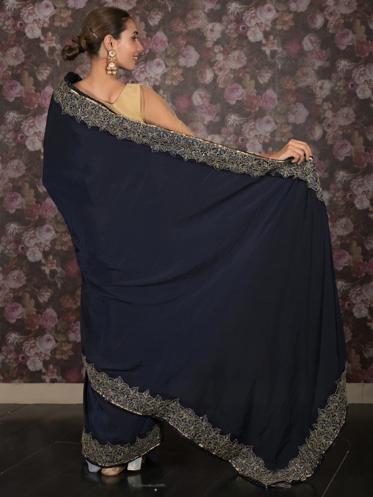 Odette Navy Blue Zari Embroidered Satin Saree with Unstitched Blouse for Women - Image 4